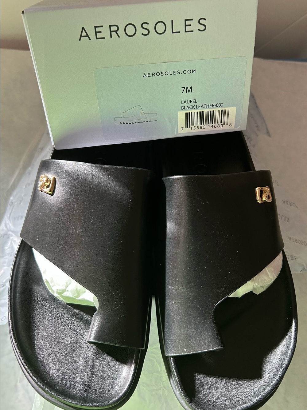 AEROSOLES Black Leather Slide Mules with Gold Accent